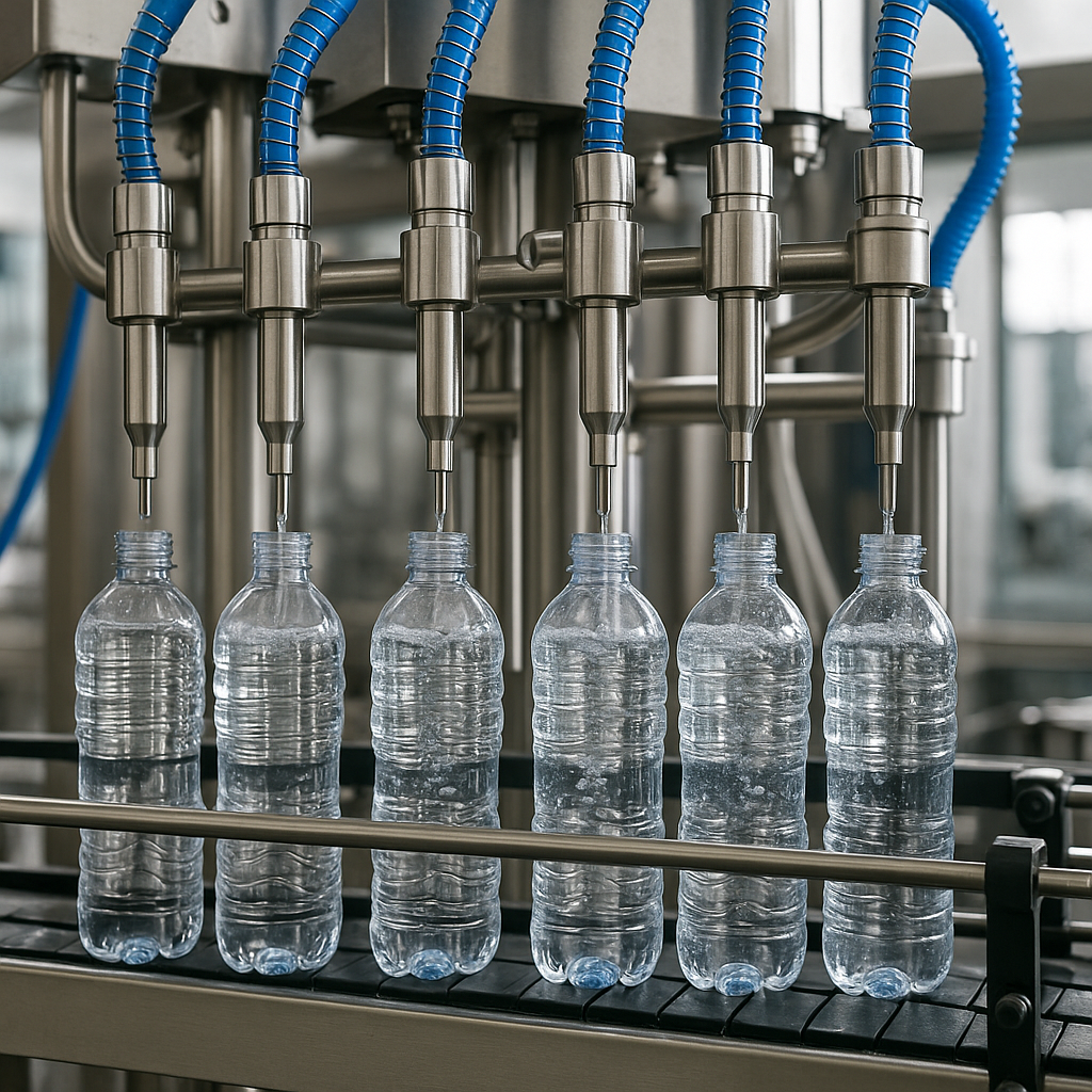 Automated filling system in action, bottling water in a beverage production facility.