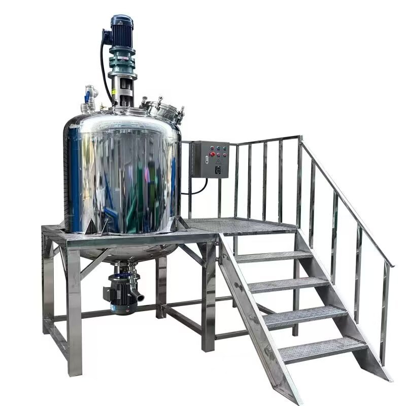 A professional homogenizer machine integrated with a stainless steel work platform and access stairs for safe operator monitoring and ingredient feeding.