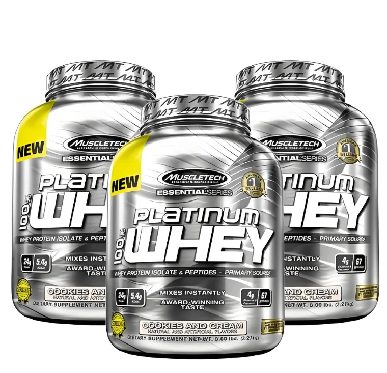 What is a Filling Machine application for supplements? Three silver jars of MuscleTech Platinum 100% Whey protein powder demonstrating professional powder filling and labeling.