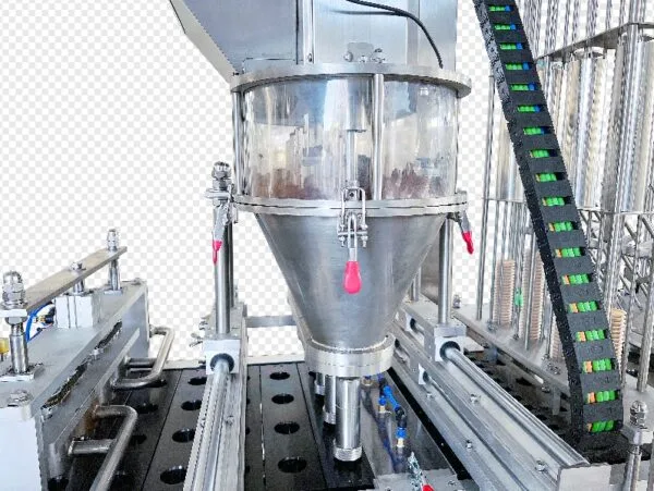 Liquid filling machine dispensing product into containers