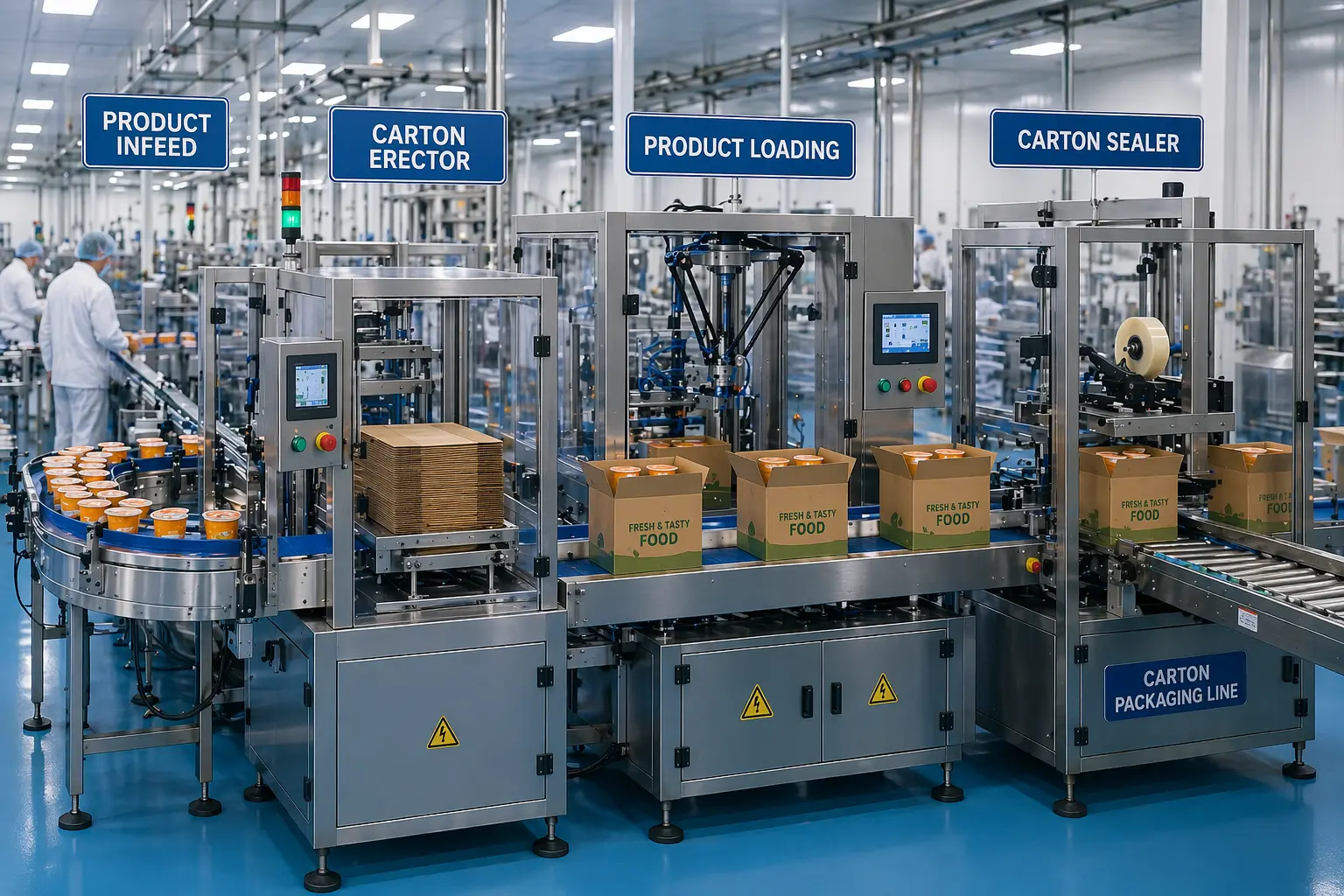 Carton packaging machines for food industry production line with automated carton erecting, product loading, and carton sealing on a factory conveyor system.