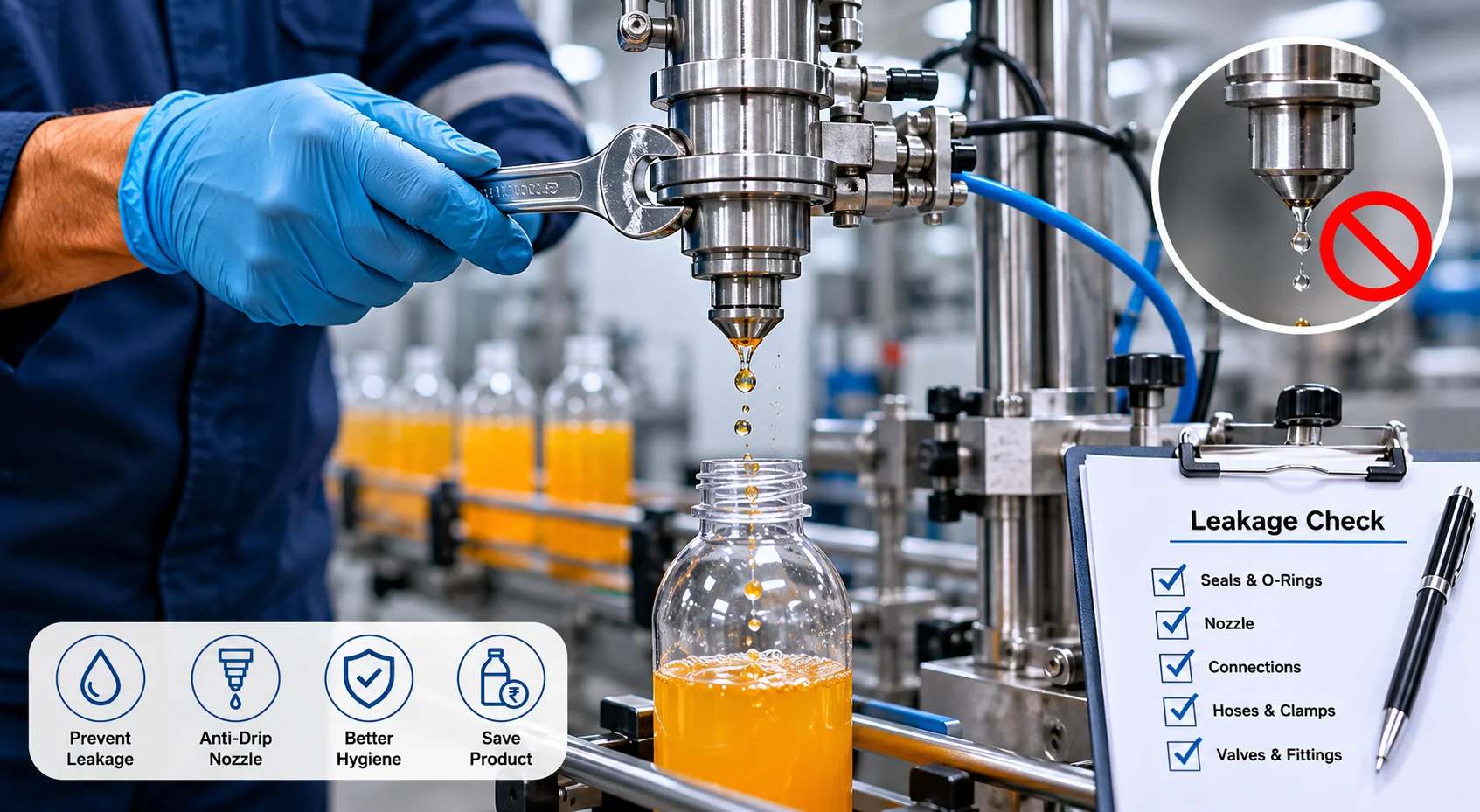 Filling machine leakage inspection with stainless steel nozzles dripping liquid into bottles on an automated packaging line.