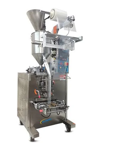 Sachet packaging machine display with white background.