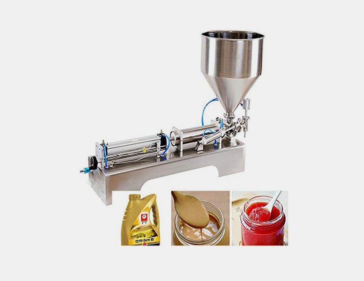 Viscous liquid filling machine with hopper and nozzle, designed for sauces, pastes, and thick liquids