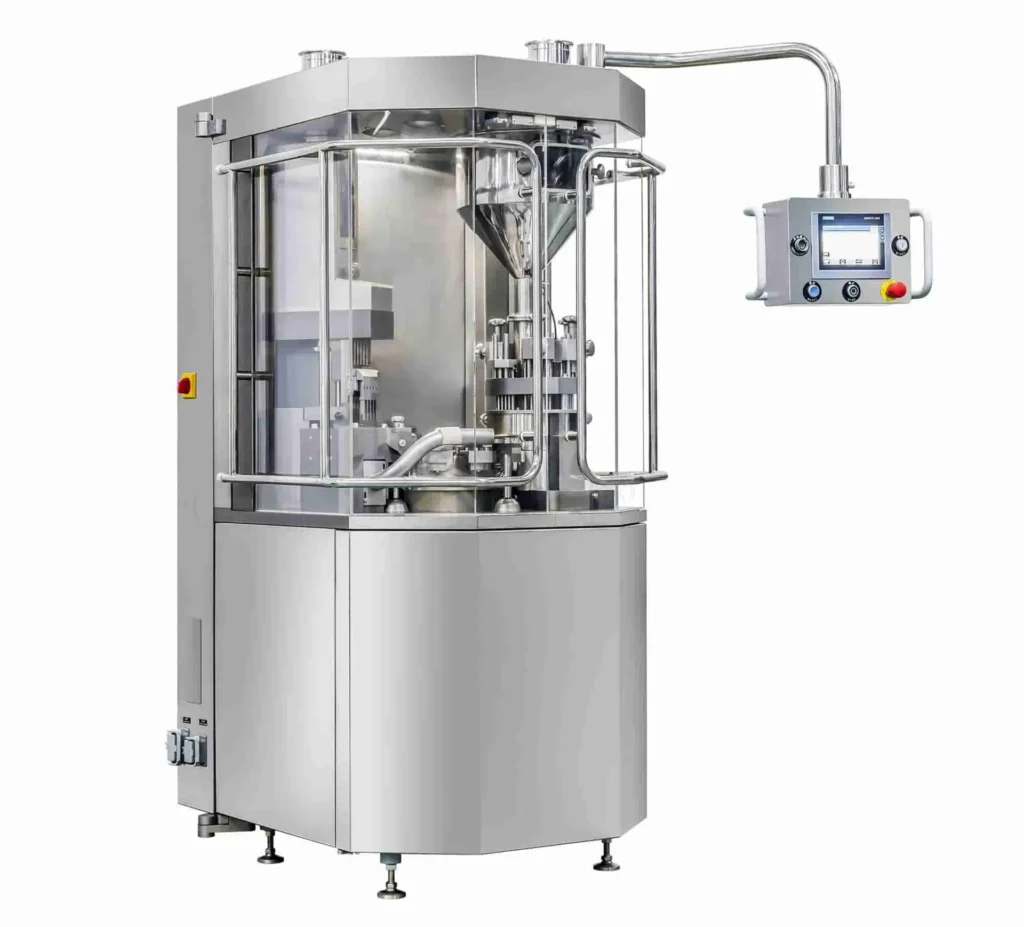 Hard-gelatin capsule filling machine with rotary design and integrated touchscreen for high-precision pharmaceutical production