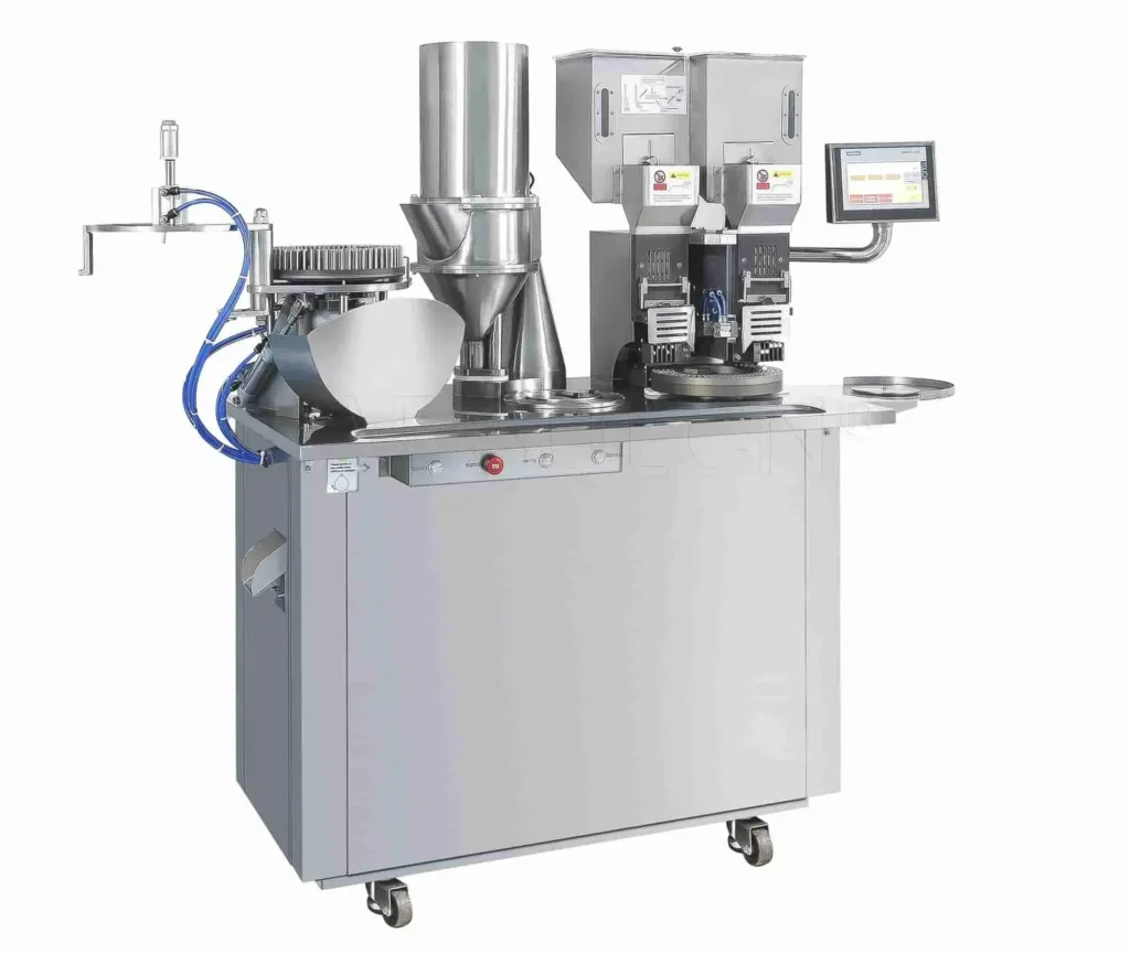 Semi-automatic capsule filling machine with dual hoppers and touchscreen interface for small to medium batch production