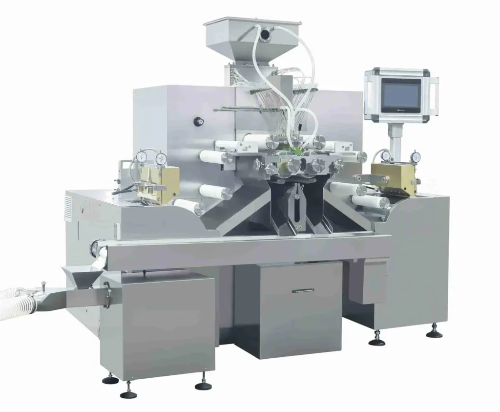 Softgel encapsulation machine with multiple hoppers and integrated control panel for liquid and semi-solid filling