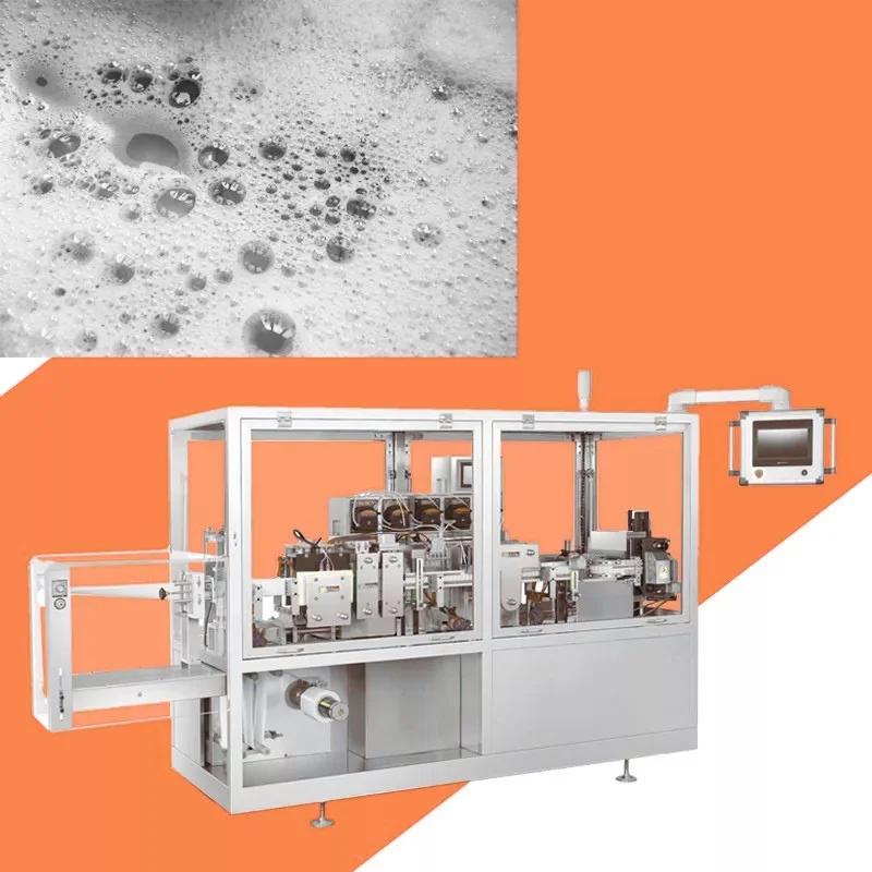 Liquid filling machine designed to reduce liquids foam during filling for accurate bottle packaging.