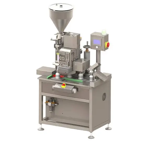 Compact semi-automatic tube filling and sealing machine with hopper for paste, cream, gel, and ointment filling applications
