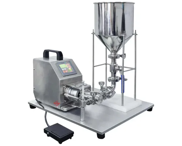 Compact desktop filling machine with hopper for controlled small-batch filling applications