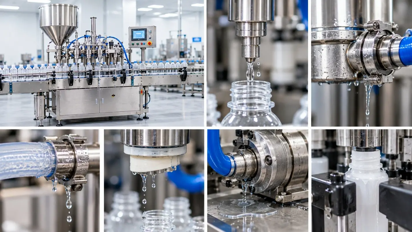 Filling machine leakage problems at nozzles, hoses, fittings, and connections