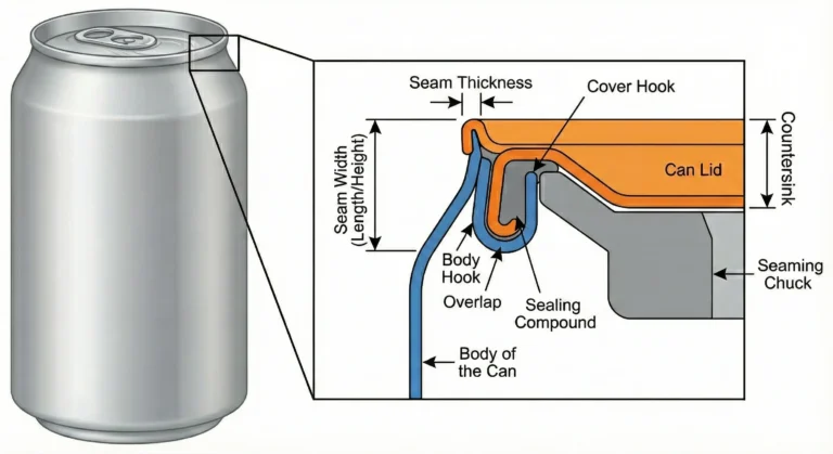 Alt Text: Double seam inspection diagram showing a can seam cross-section with labeled components for seam measurement and quality control.