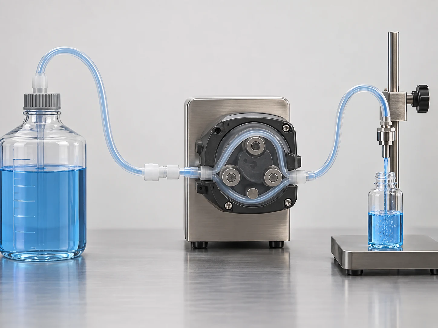 Peristaltic filling machine fluid path from supply container through tubing to filling nozzle