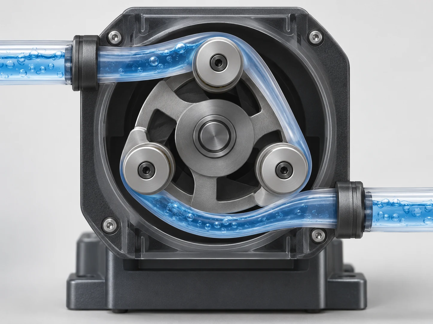 Diagram of rollers compressing flexible tubing to move liquid through a peristaltic pump head