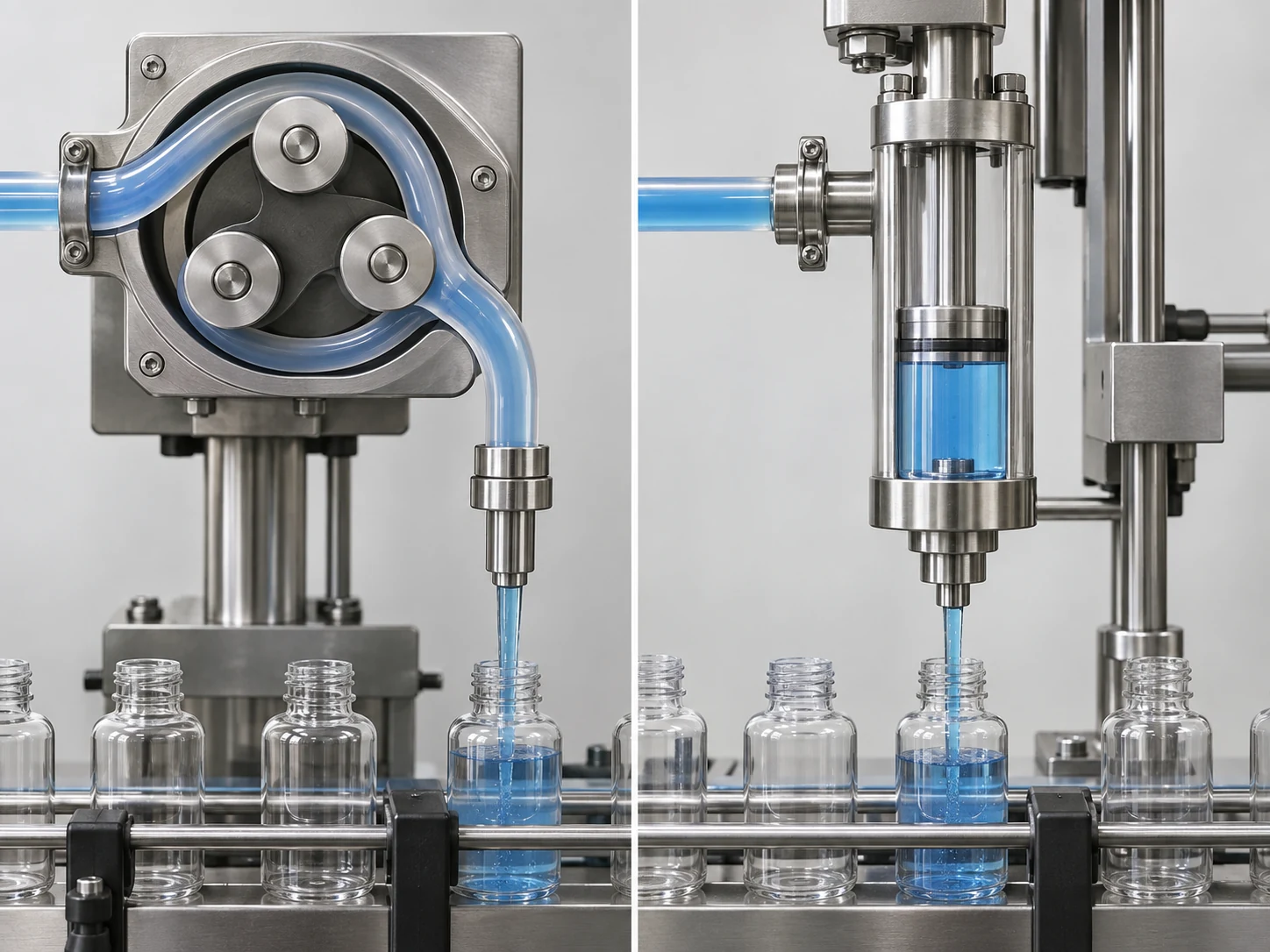 Peristaltic filling machine compared with a piston filling system for liquid dispensing