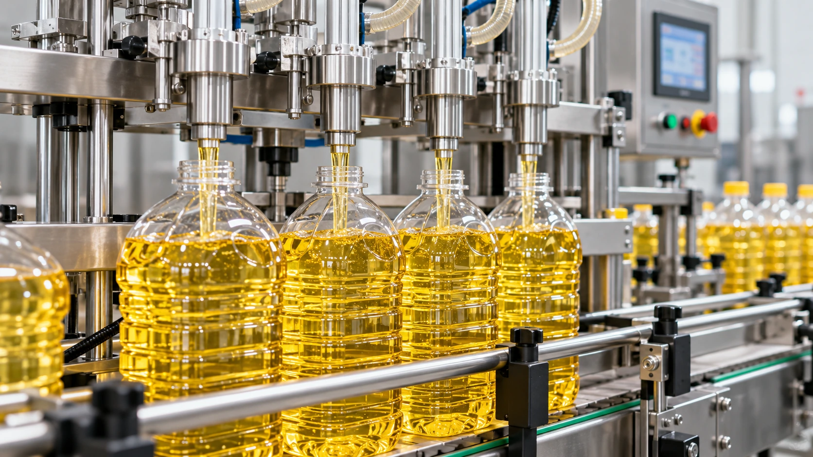 Edible Oil Filling Machine accurately filling large PET bottles with cooking oil on an automated production line