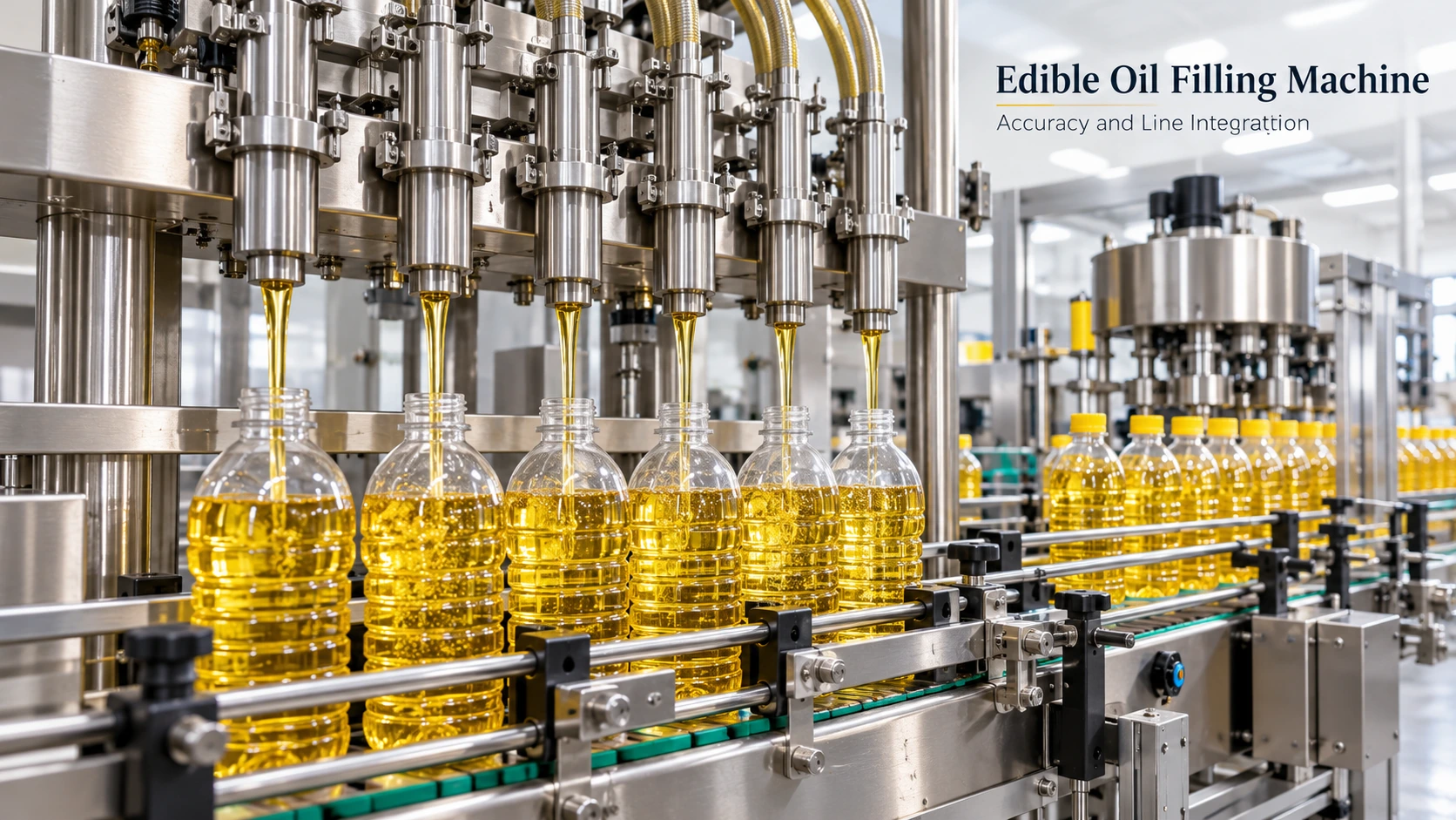 Edible Oil Filling Machine filling clear PET bottles with cooking oil on an automated production line