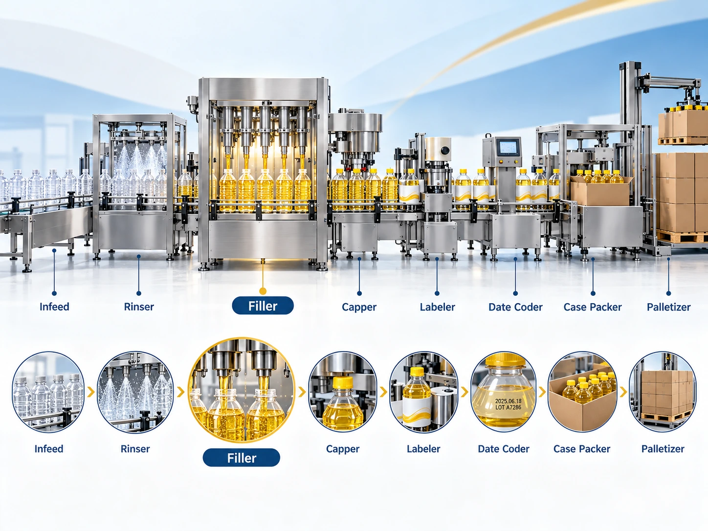 Edible Oil Filling Machine line integration with rinser, filler, capper, labeler, date coder, case packer and palletizer