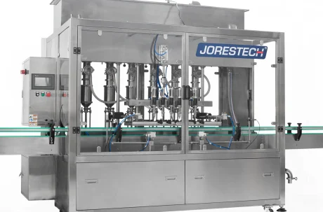 An industrial An industrial filling machine for small business automatic liquid filling machine with a stainless steel frame and glass enclosure. The machine features a conveyor belt passing through a central filling station with multiple vertical nozzles. A digital control panel is mounted on the left side, and the entire unit is set on heavy-duty caster wheels. automatic liquid filling machine with a stainless steel frame and glass enclosure. The machine features a conveyor belt passing through a central filling station with multiple vertical nozzles. A digital control panel is mounted on the left side, and the entire unit is set on heavy-duty caster wheels.