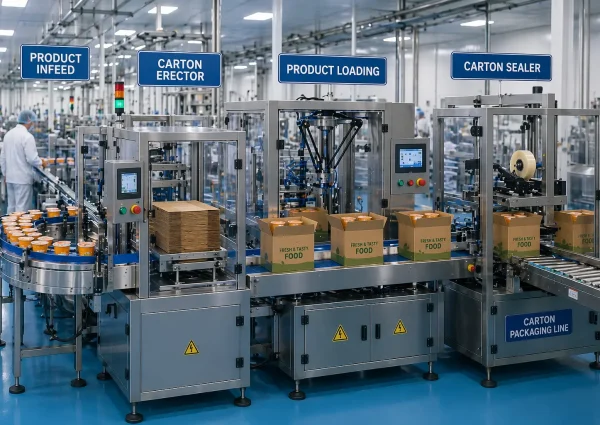 Carton packaging machines for food industry production line with automated carton erecting, product loading, and carton sealing on a factory conveyor system.