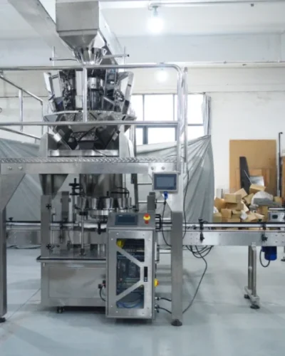 A modern automated packaging machine with a conveyor belt in an industrial setting, surrounded by equipment, boxes, and storage shelves in a bright, clean factory.