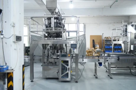 A modern automated packaging machine with a conveyor belt in an industrial setting, surrounded by equipment, boxes, and storage shelves in a bright, clean factory.