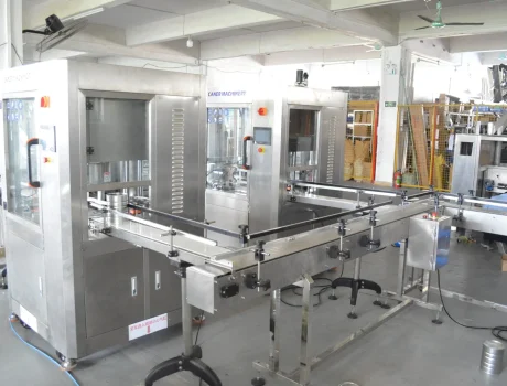 Automated filling machine for packaging, likely used for milk powder filling, with conveyor system.