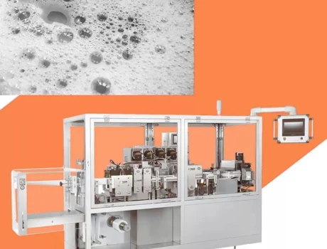 Liquid filling machine designed to reduce liquids foam during filling for accurate bottle packaging.