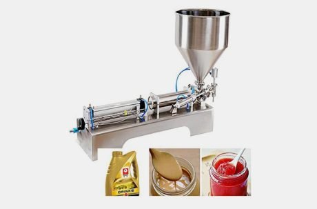 Viscous liquid filling machine with hopper and nozzle, designed for sauces, pastes, and thick liquids