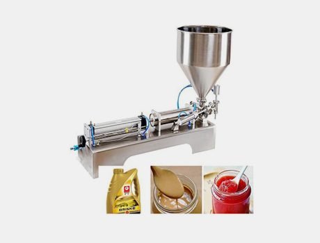 Viscous liquid filling machine with hopper and nozzle, designed for sauces, pastes, and thick liquids