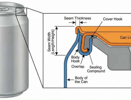 Alt Text: Double seam inspection diagram showing a can seam cross-section with labeled components for seam measurement and quality control.