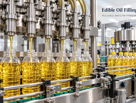 Edible Oil Filling Machine filling clear PET bottles with cooking oil on an automated production line