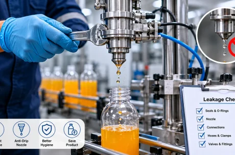 Filling machine leakage inspection with stainless steel nozzles dripping liquid into bottles on an automated packaging line.