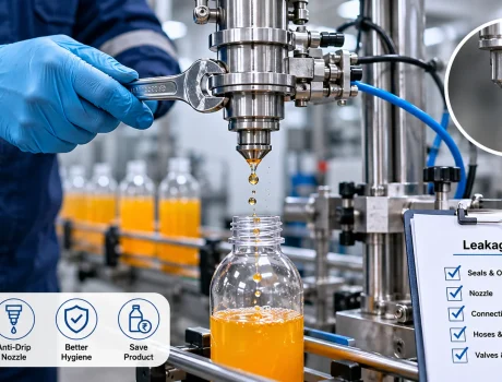 Filling machine leakage inspection with stainless steel nozzles dripping liquid into bottles on an automated packaging line.