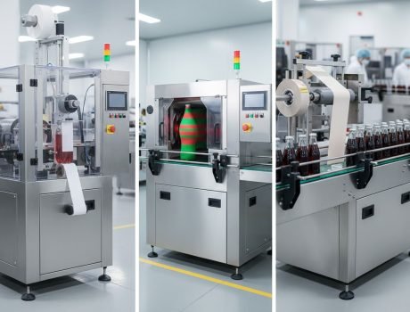 An automated industrial bottling line featuring brown glass bottles moving along a conveyor belt into a stainless steel labeling machine.