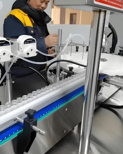 : Technician monitoring industrial filling machine during operation