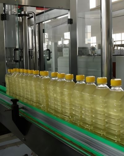 Automatic bottle filling machine processing liquid bottles on conveyor