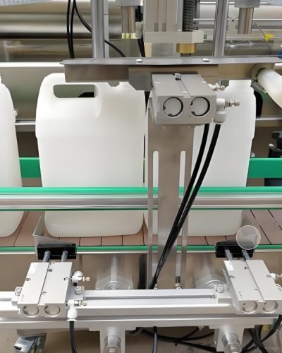 Plastic containers moving on conveyor toward filling station