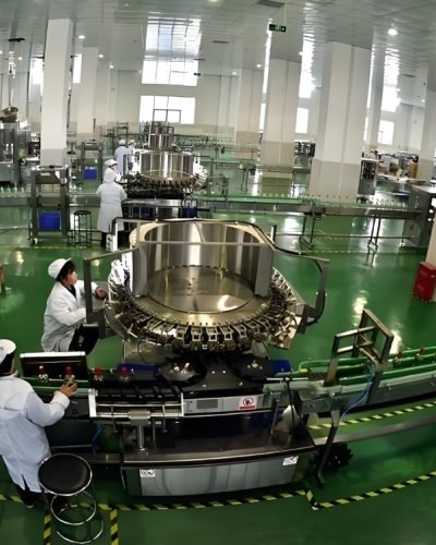 Rotary bottle filling machine operating in beverage factory