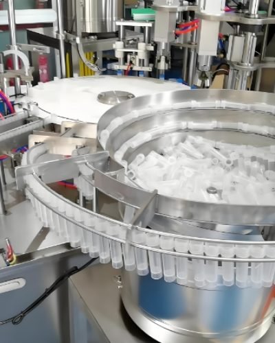 Circular accumulation table guiding bottles through production