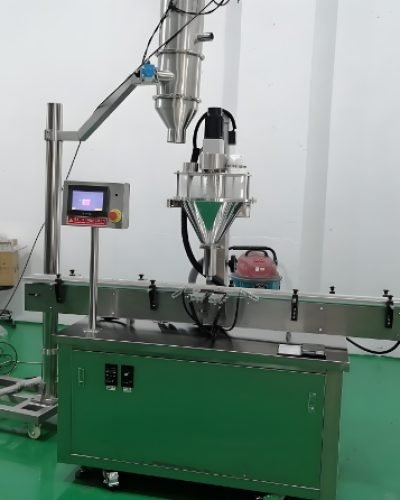 Linear powder filling machine with conveyor belt