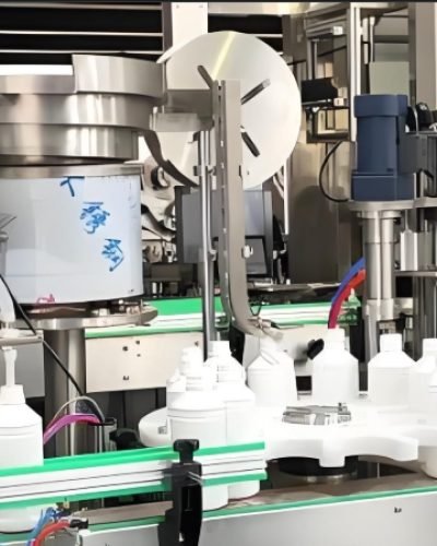 Industrial powder filling equipment operating in production area