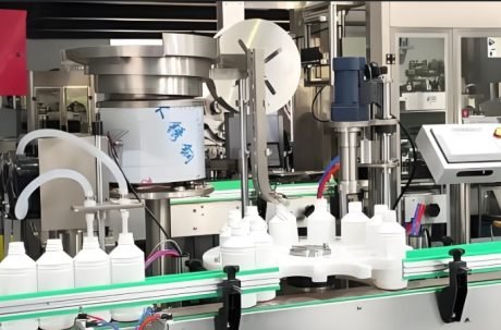 Industrial powder filling equipment operating in production area