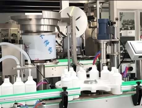 Industrial powder filling equipment operating in production area