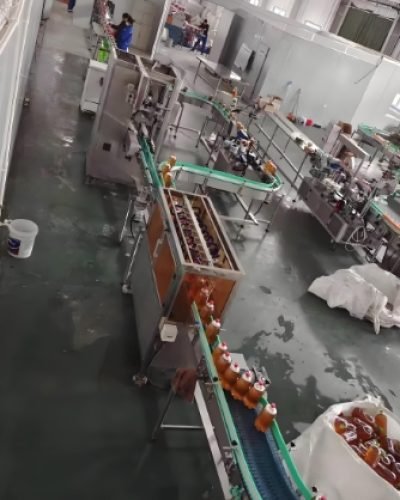 Overhead view of automated beverage bottling line in operation