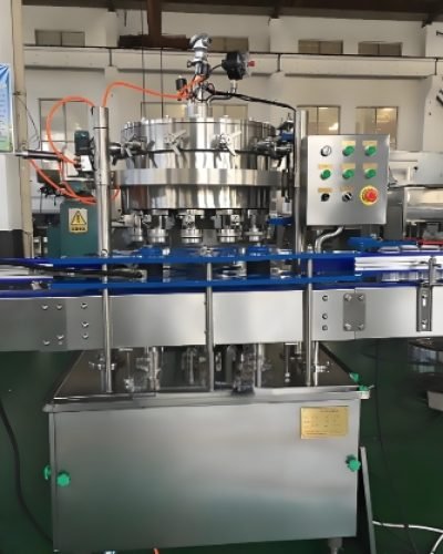 : Automated bottle filling and capping line with control panel