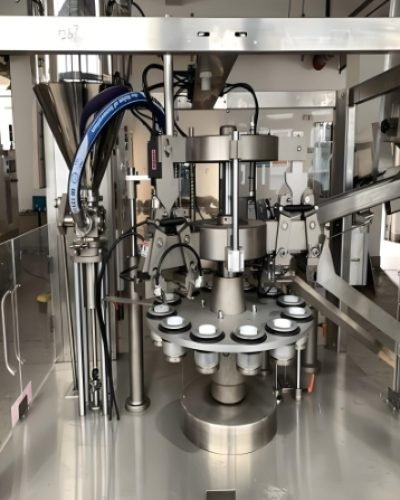 Automated filling machine filling cosmetic tubes in a production line