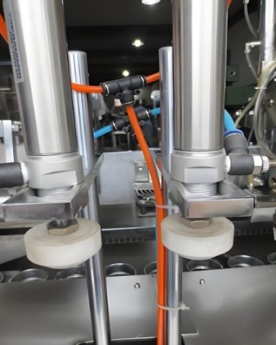 Automated system placing tubes in position for filling and sealing.