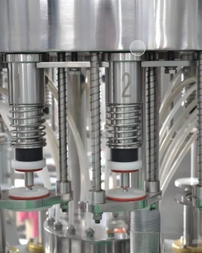 Bottles moving on a conveyor for filling and capping in an automated system.