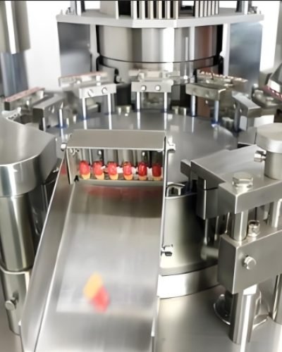 High-speed automatic labeling machine in operation for bottles